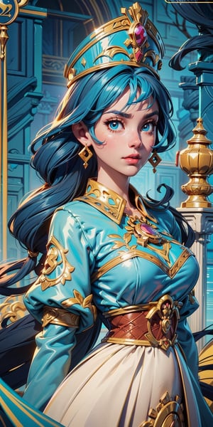 a close up of a cartoon of a woman in a dress with a dog, highly detailed exquisite fanart, ((a beautiful fantasy empress)), blue and gold color scheme, cushart krenz key art feminine, professional character design, rococo queen, official character illustration, high quality character design, royal dress, official character art, official fanart, ornate cosplay