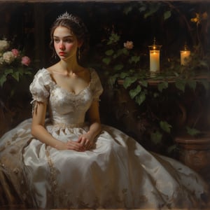 closeup view, raw, photorealistic, real, realistic photo of a 15 years old girl wearing a quinceañera dress with cristal earings and a diamond tiara sitting on a garden, perfect split lighting,oil painting,

