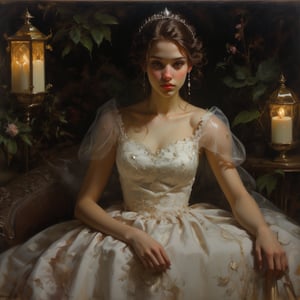 closeup view, raw, photorealistic, real, realistic photo of a 15 years old girl wearing a quinceañera dress with cristal earings and a diamond tiara sitting on a garden, perfect split lighting,oil painting,

