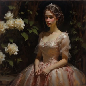 closeup view, raw, photorealistic, real, realistic photo of a 15 years old girl wearing a quinceañera dress with cristal earings and a diamond tiara sitting on a garden, perfect split lighting,oil painting,

