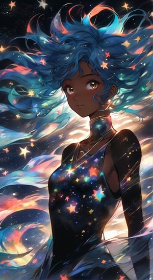 black character, anime, she has blue hair with a star on her neck, medium wavy hair, hunter x hunter features, with a veil full of stars, she has dark brown skin,more detail XL, Ocean Background,
Stars in the sky