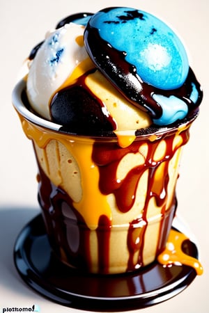 best quality, masterpiece, (photorealistic:1.4), icecream with caramel on the top, white background.
