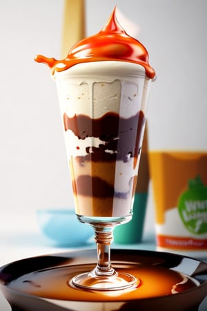 best quality, masterpiece, (photorealistic:1.4), icecream with caramel on the top, in glass, white background.
