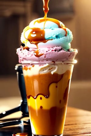 best quality, masterpiece, (photorealistic:1.4), icecream with caramel on the top, 
