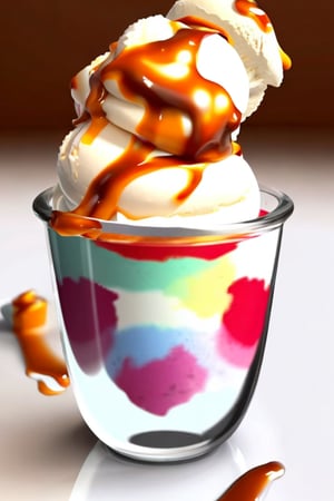 best quality, masterpiece, (photorealistic:1.4), icecream with caramel on the top, in glass, white background.
