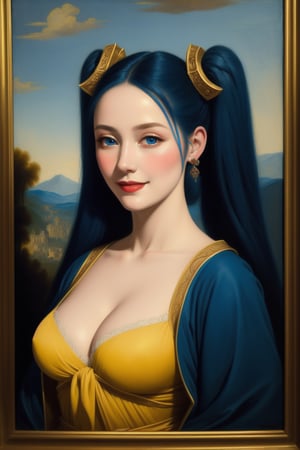 (best quality), (masterpiece), detailed, blue_robe, cleavage, large breasts, 1girl, blue_eyes, blue_hair, long_hair, twintails, yellow_hair_at_the_ends, hair_ornaments, palace scenery, looking at viewer, blush, smirk, oil_painting, classic_painting