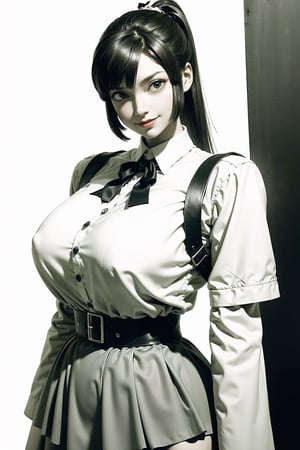 (masterpiece, best quality, ultra-detailed, 8K), 1girl, large breasts, looking at viewer, horror theme, creepy smile, alley background, fashion pose, BROWN EYES, BROWN HAIR, HAIR RIBBON, HIGH PONYTAIL, WHITE SHIRT, GREEN SKIRT, BLACK THIGH-HIGHS, (sketch style, monochrome, greyscale)