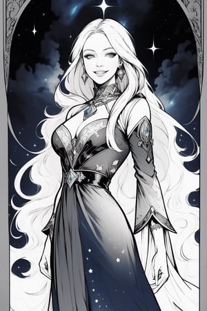 (best quality), (masterpiece), detailed, 1girl, long dress, long hair, jewelry, looking at viewer, palace scenery, blue eyes, starry sky, tarot art, smirk, monochrome, sketch, greyscale, fantasy