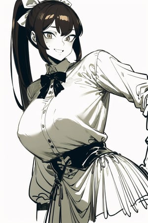 (masterpiece, best quality, ultra-detailed, 8K), 1girl, large breasts, looking at viewer, horror theme, creepy smile, alley background, fashion pose, BROWN EYES, BROWN HAIR, HAIR RIBBON, HIGH PONYTAIL, WHITE SHIRT, GREEN SKIRT, BLACK THIGH-HIGHS, (sketch style, monochrome, greyscale)