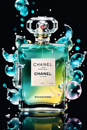 Ultra detailed illustration of the phantasmagoric figure of a Chanel perfume with translucent glass, flowing and voluminous confetti resembling steam in water, Mschiffer art, neon glow, light particles, colorful, CMYK colors, backlight, results for an advertisement cinematic, Alberto Seveso style, work of beauty and inspiration,Glass Elements