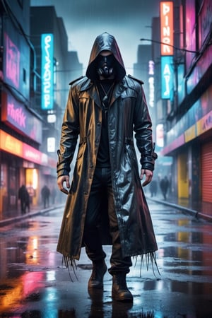  hooded man with obscured face in an apocalyptic city, with gas and smoke leaks, stormy sky rain and wet streets with reflections in puddles of water A digital masterpiece, modern art, full body, Sharp Focus, epic light, beautiful volumetric lighting, neon lights, very intense colors, vibrant colors, chromatic aberration, long exposure photography, professional 35mm digital SLR camera with Nikon AF lens S Nikkor, professional photography, UHD, 8K, Cyberpunk, horror, very powerful aura, fog, sci-fi film, "In a futuristic cyberpunk setting, a lone man hacker woman plunges into a world of chaotic data and glowing lines of code. His eyes reflect the duality of technology and urban decay as you navigate through distorted digital landscapes. Expresses the fusion of reality and virtuality, capturing the essence of controlled chaos in this technological universe. Uses vibrant colors and dynamic shapes to convey the energy and complexity of this cyber world ", ((very long hair with braids)), ((punk crest)),(ceramic skin), ((Urban Tribe: punk)), (neural network, AI, nanotechnology), ((fusion of present, past and future)), (very long black leather and vinyl trench coat), Extremely Realistic,oil paint,more detail XL,cyberpunk style,cyborg style,cyberpunk,Leonardo Style,DonMCyb3rN3cr0XL ,Techno-witch,occultist,cyborg,cinematic  moviemaker style,