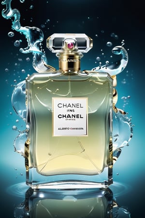 Ultra detailed illustration of the phantasmagorical figure of a Chanel perfume resting on water, with transparent translucent glass, splashes of perfume flowing and resembling steam in the water, splashes and splashes of perfume swirl in the air, art by Mschiffer, neon glow, particles of light, coloured, CMYK colours, backlighting, results for a cinematographic advertisement, Alberto Seveso style, work of beauty and inspiration, realistic photo with lights, shadows and reflections, to make the work a true 8k ultra hdr masterpiece