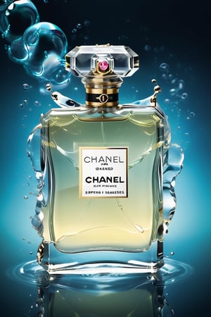 Ultra detailed illustration of the phantasmagorical figure of a Chanel perfume resting on water, with transparent translucent glass, splashes of perfume flowing and resembling steam in the water, splashes and splashes of perfume swirl in the air, art by Mschiffer, neon glow, particles of light, coloured, CMYK colours, backlighting, results for a cinematographic advertisement, Alberto Seveso style, work of beauty and inspiration, realistic photo with lights, shadows and reflections, to make the work a true 8k ultra hdr masterpiece