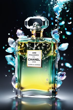 Ultra detailed illustration of the phantasmagoric figure of a Chanel perfume with translucent glass, flowing and voluminous confetti resembling steam in water, Mschiffer art, neon glow, light particles, colorful, CMYK colors, backlight, results for an advertisement cinematic, Alberto Seveso style, work of beauty and inspiration,Glass Elements