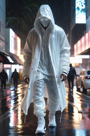 (8K, raw photo, best quality, masterpiece: 1.2), sharp focus, a man walking with a hood, wavy modern cyberpunk style in translucent White resin, obscured face, detailed clothes and shoes, perfect proportions, animated GIFs, wallpaper by an Miami street with rain and puddle of water with reflections, lights and shadows, HDR