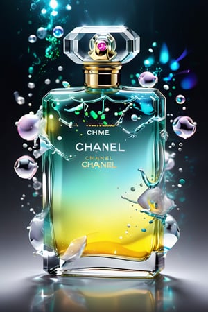 Ultra detailed illustration of the phantasmagoric figure of a Chanel perfume with translucent glass, flowing and voluminous confetti resembling steam in water, Mschiffer art, neon glow, light particles, colorful, CMYK colors, backlight, results for an advertisement cinematic, Alberto Seveso style, work of beauty and inspiration,Glass Elements