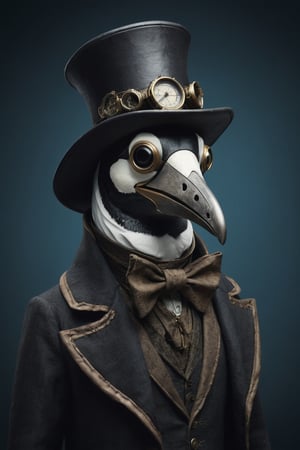 "Generate an image using StyleGAN of a penguin wearing a plague doctor mask. Envision the penguin adorned with a miniature version of the historical plague doctor mask, complete with a beak-shaped filter. Capture the whimsical contrast between the penguin's adorable appearance and the mysterious, historical aesthetic of the mask. Optimize for a visually intriguing composition that combines the charm of a penguin with the enigmatic allure of a plague doctor mask through StyleGAN."