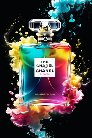 Ultra detailed illustration of the phantasmagoric figure of a Chanel perfume with translucent glass, flowing and voluminous confetti resembling steam in water, Mschiffer art, neon glow, light particles, colorful, CMYK colors, backlight, results for an advertisement cinematic, Alberto Seveso style, work of beauty and inspiration,