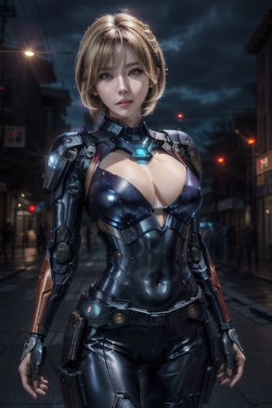 (RAW photo: 1.3), (photorealistic), (masterpiece:1.3), best quality, ultra high res, ((detailed facial features)), 1girl, (korean), bangs, (shiny skin), (sexy), mercenary, full body, medium breasts, cleavage, medium hair, blonde hair, open mouth, beautiful eyes, soldier, holding a rifle, gun, cyberpunk, sci-fi, in the city, nighttime, futuristic