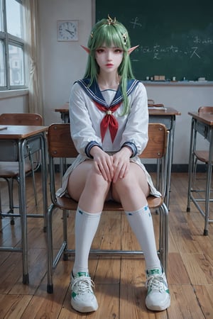 score_9,score_8_up,score_7_up,FengQingEr, 1girl, pointy ears,elf,facial mark, solo, looking at viewer,(Sailor Uniform:1.2), bangs, brown eyes, hair ornament , green hair,, lips , realistic,classroom,desk ,sitting on the chair,White mid calf socks,sneakers,white underwear