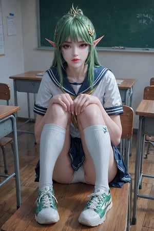 score_9,score_8_up,score_7_up,FengQingEr, 1girl, pointy ears,elf,facial mark, solo, looking at viewer,(Sailor Uniform:1.2), bangs, brown eyes, hair ornament , green hair,, lips , realistic,classroom,desk ,sitting on the chair,White mid calf socks,sneakers