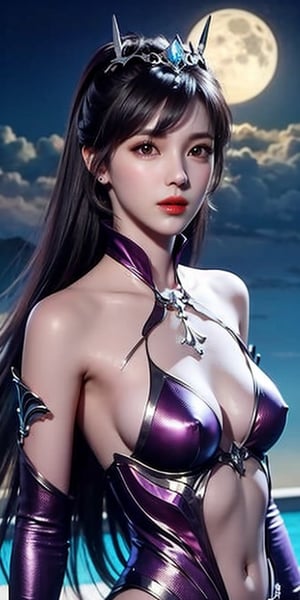 1girl, bare shoulders, black hair, breasts, full moon, lips, long hair, looking at viewer, medium breasts,  purple hair, sky, solo, tiara,小舞