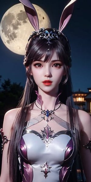 1girl,（Rabbit Ear Headwear）, bare shoulders, black hair, breasts, full moon, lips, long hair, looking at viewer, medium breasts,  purple hair, sky, solo, tiara,小舞