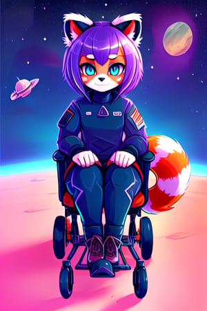 1930s (style),furry, kawaii, red_panda, ancient_egyptian, lavender_hair, blue_eyes, anthromorph, high_resolution, digital_art, cute_fang, golden_jewelry, messy_hair, curvy_figure, body scars, male, space suite, future, soldier, ,kusanagi motoko, city, wheelchair