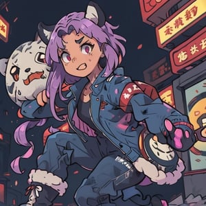 kawaii,mater piece, beautiful girl in an abandoned zombie filled city, red_panda, paw_gloves, Fur_boots, animal_marking, face_paint, chocolate_hair, violet_eyes, furry_jacket,yofukashi background, zombies,hinata,1990s \(style\),kusanagi motoko,city,chundef, action_pose, battle_stance, back_pack,running,teenage , ripped_clothing, bloody_clothes, sweatpants,Circle,vectorstyle, happy_face, hungry,cammy sf6