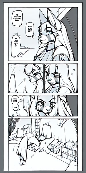 A red panda girl lost in a Sami-Egyptian slum running for Jackal guards, line_art, Black_and_white