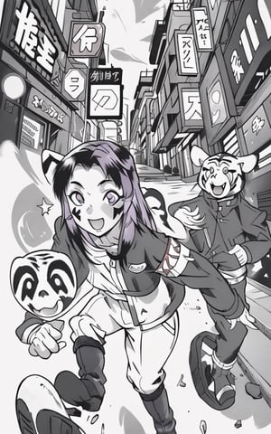 Comic, kawaii,mater piece, beautiful girl in an abandoned zombie filled city, red_panda, paw_gloves, Fur_boots, animal_marking, face_paint, chocolate_hair, violet_eyes, furry_jacket,yofukashi background, zombies,hinata,1990s \(style\),kusanagi motoko,city,chundef, action_pose, battle_stance, back_pack,running,teenage , ripped_clothing, bloody_clothes, sweatpants,Circle,vectorstyle, happy_face, hungry,cammy sf6,c.c.