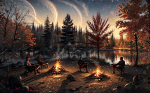 a campfire surrounded by fall maple trees,Sketch