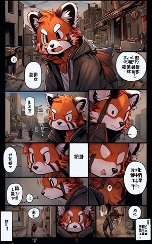 1930s (style), Comic, kawaii, master piece, beautiful boy in an abandoned zombie filled city, red_panda, paw_gloves, Fur_boots, animal_marking, face_paint, chocolate_hair, violet_eyes, furry_jacket,yofukashi background, zombies,hinata,1990s \(style\),kusanagi motoko,city,chundef, action_pose, battle_stance, back_pack,running,teenage , ripped_clothing, bloody_clothes, sweatpants,Circle,vectorstyle, happy_face, hungry,cammy sf6,c.c.,manga,manwha,chara-sheet, animal_tail,1 page manga