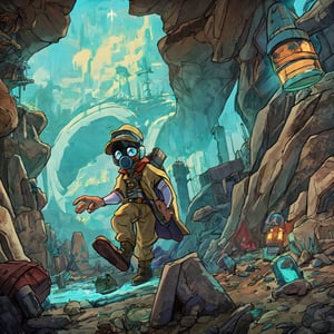 Book cover, In a desolate world, a young grave digger boy roams the Bioluminescent tundra graveyard, his fur cloak and gas mask shielding him from the toxic air. With his magical miner's lantern and pick ax, he navigates the retro-future, hydro-punk landscape, reminiscent of a 1930s cartoon. But in this world, danger lurks around every corner. 