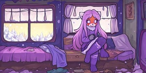 1930s (style), kawaii, indoors, high_resolution, digital_art,|inside a broken down dirty,  old abandoned train car with the soft winter sun shinning softy through the windows| old blankets, bench,old mattress, ruck_sack,oil_lanterns, sack| red_panda, anthromorph, violet_fur, curvy_figure| long_lavender_hair, bed_head, streaked_hair| sapphire_eyes, cute_fang, body scars| cute, ripped_clothing, poor, winter_clothes,stained, gloves |, happy_face, arms_crossed,teenage, crossed_legs_(sitting), sickness,