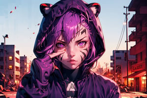 mater piece, beautiful girl in an abandoned town, red_panda, paw_gloves, Fur_boots, animal_marking, face_paint, chocolate_hair, violet_eyes, furry_jacket,yofukashi background, zombies,hinata,1990s \(style\),kusanagi motoko