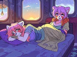 1930s (style), kawaii, oil_lanterns,((inside a broken down dirty,  old abandoned train car with the soft winter sun shinning softy through the front windows, old blankets, bench,old mattress,)), ((red_panda, long_lavender_hair, sapphire_eyes, anthromorph, high_resolution, digital_art, cute_fang, bed_head, curvy_figure, body scars, female, indoors, violet_fur, boho_dress, streaked_hair, sleepy, happy_face, cute, sleeping, ripped_clothing, poor, winter_clothes, sack, gloves, arms_crossed,stained clothes, rags ,teenagee)),