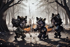 a pack of wolves fighting off a deer Wendigo, spooky, Halloween,3d style,v0ng44g,chibi