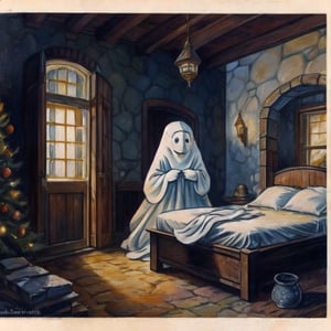 inside  a run down stone house Dickenson's three christmas ghosts visitng a beggar woman weeping at the side of a empty crib, 1930s post card