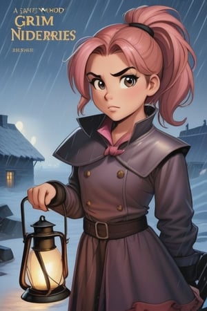 a book cover for a  1990s juvenile cartoon horror with letters that look like melted wax for "Grim Night, by J.R. Ghostwood" a young woman of 14 with short strawberry blonde hair tied up in messy ponytails and ember eyes armed with an Epee and miner's lanterns in cold barren island 1850s town at night during a terrible storm who is being hunted by Vampires, masterpiece, best quality,comic_book_cover, lycanthrope, amber_eyes, windy, raining, pink_hair