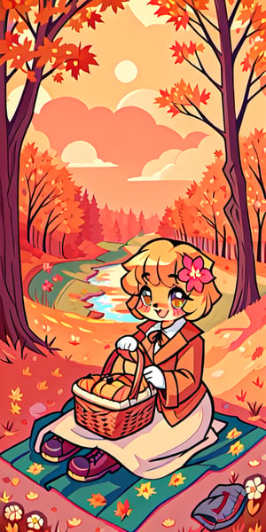 Solo_female,1930s (style), kawaii, outdoor, high_resolution, digital_art,|,a flowery field on a cool autumn afternoon next to a brook| old blankets, bench, picnic, ruck_sack, basket, sack|,vectorstyle