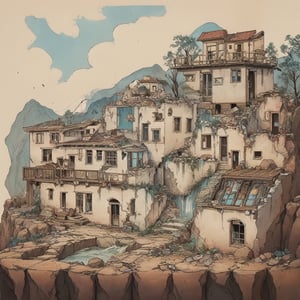 The Happy Bones Orphanage, a dilapidated two-story Shotgun house with peeling paint and shattered windows, perched on the edge of a rugged canyon overlooking a cascading waterfall, kawaii, 1930s (style),isometric,ChineseWatercolorPainting