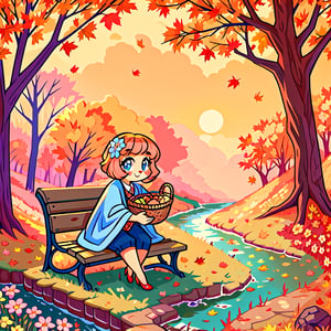 Solo_female,1930s (style), kawaii, outdoor, high_resolution, digital_art,|,a flowery field on a cool autumn afternoon next to a brook| old blankets, bench, picnic, ruck_sack, basket, sack|,vectorstyle