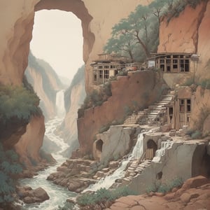 The Happy Bones Orphanage, a two-story Shotgun house with peeling paint and shattered windows, perched on the edge of a rugged canyon overlooking a cascading waterfall, kawaii, 1930s (style),isometric,ChineseWatercolorPainting,oil painting