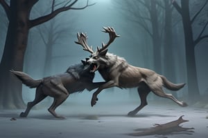 a pack of wolves fighting off a deer Wendigo, spooky, Halloween,3d style,v0ng44g