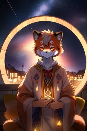 a male kawaii fursuit of a red panda golden retriever hybrid with glowing celestial constellation Fur markings fully body portrait wearing a bohemian-style outfit, with a mix of Yakut and Sami symbolism embroidered on his shirt, surrounded by the rustic beauty of a Welsh village, complex lighting, and shadows