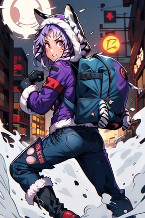 mater piece, beautiful girl in an abandoned zombie filled city, red_panda, paw_gloves, Fur_boots, animal_marking, face_paint, chocolate_hair, violet_eyes, furry_jacket,yofukashi background, zombies,hinata,1990s \(style\),kusanagi motoko,city,chundef, action_pose, battle_stance, back_pack,running,teenage , ripped_clothing, bloody_clothes, sweatpants,Circle,vectorstyle