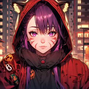 beautiful girl in an abandoned town, red_panda, paw_gloves, Fur_boots, animal_marking, face_paint, chocolate_hair, violet_eyes, furry_jacket,yofukashi background, zombies