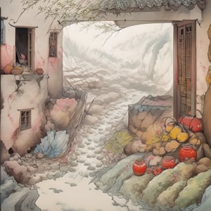 The Happy Bones Orphanage, a two-story Shotgun house with peeling paint and shattered windows, perched on the edge of a rugged canyon overlooking a cascading waterfall, kawaii, 1930s (style),isometric,ChineseWatercolorPainting