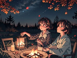 1930s (style), a girl roasting marshmallows over a campfire looking up at a stary night surrounded by maple trees, Sketch, autumn_leaves, star_(sky),Lofi,LOFI,cassdawnlvl1,day,EpicArt